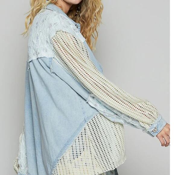 POL Balloon sleeve lace trim woven denim jacket -Denim Patchwork - Picture 3 of 5